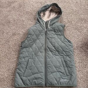 Eddie Bauer Women’s Large Soft Olive Quilted Hooded Vest Sherpa Lined EUC